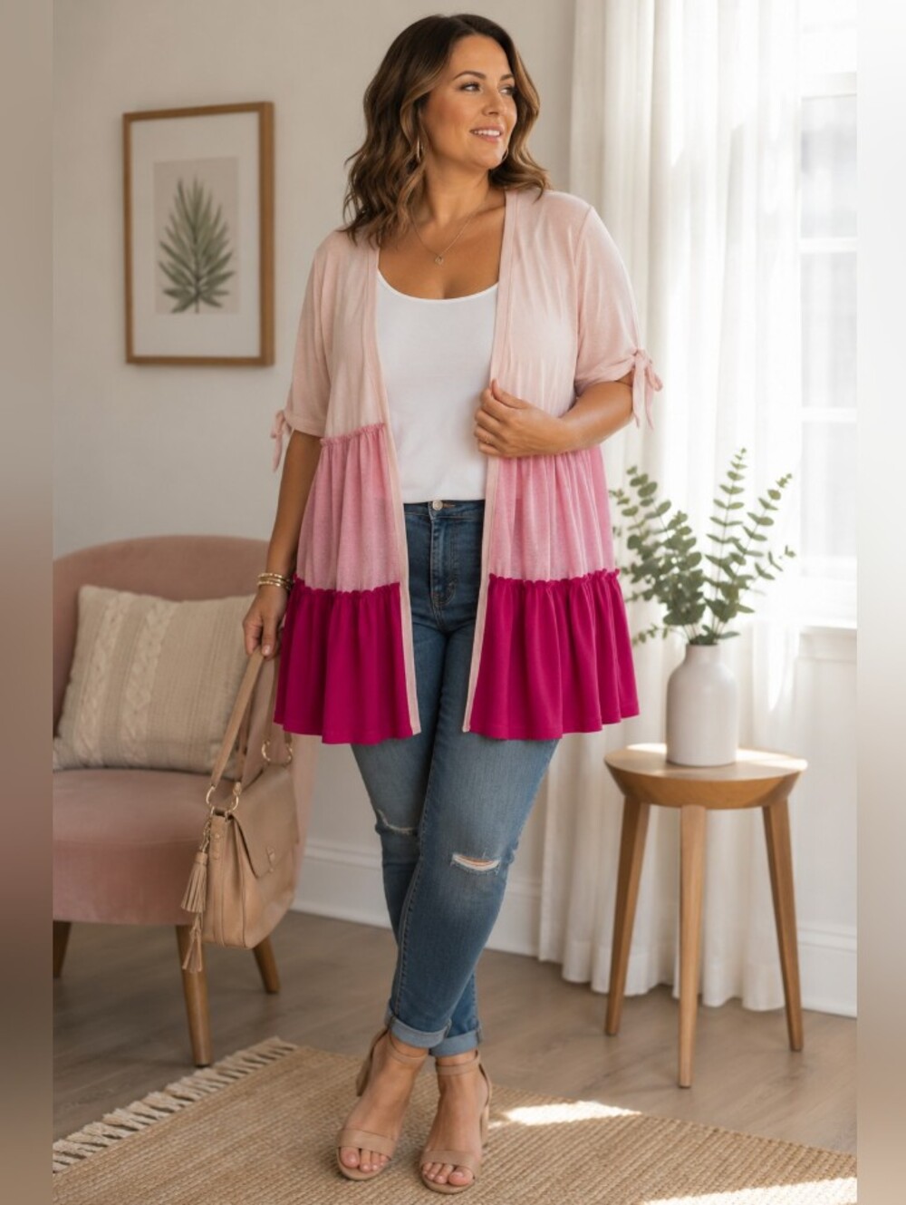 Tees2urdoor Pink Ombre Colorblock Lightweight Cardigan Top